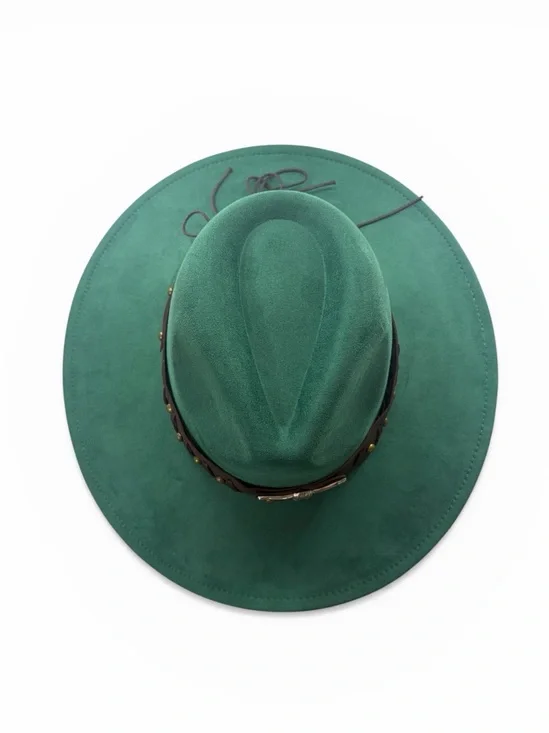 Emerald Green,Wide-Brim Felt Fedora with Studded Leather Band, OS - Picture 3 of 7